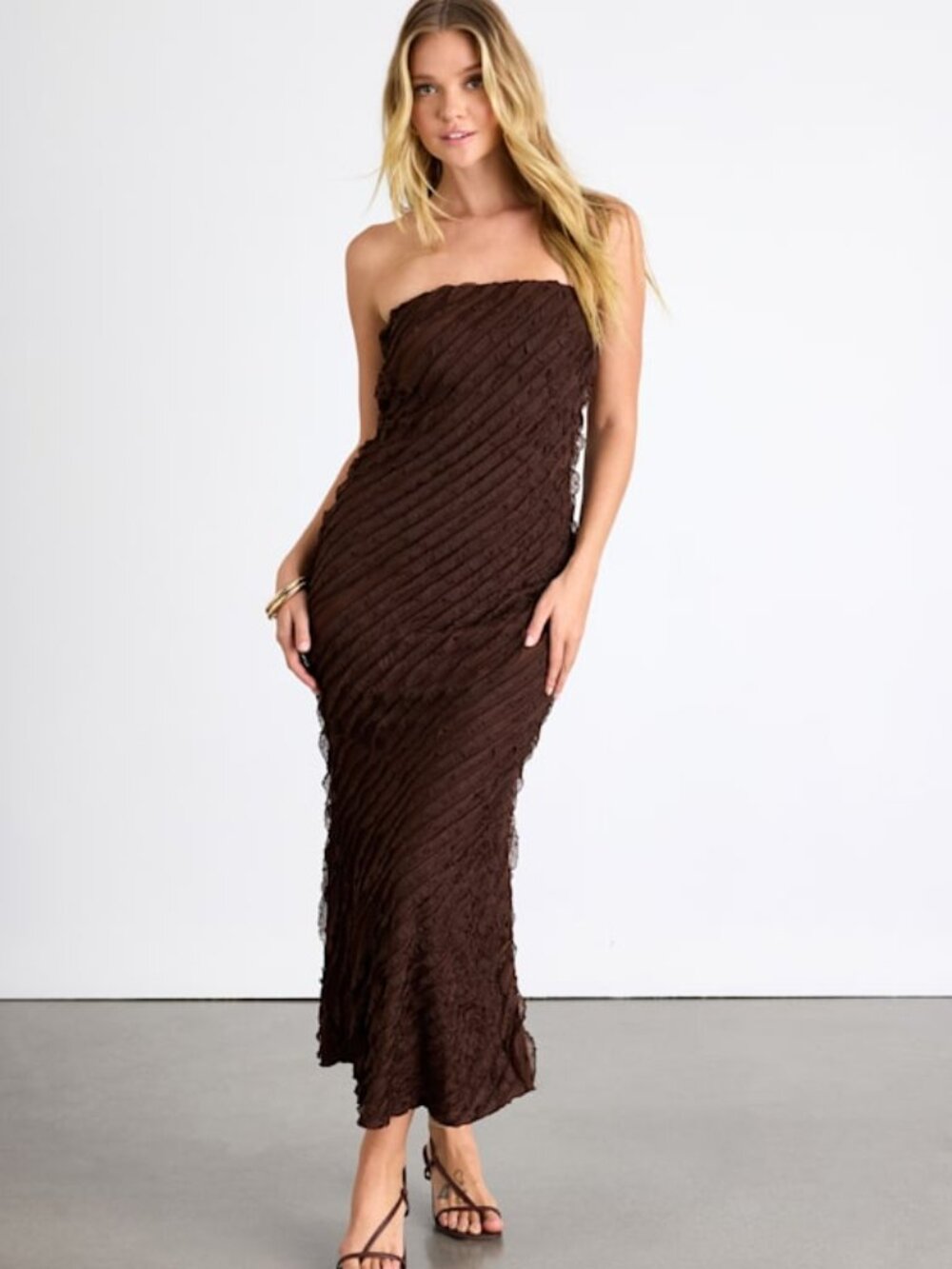 Lulus Faelyn Brown Strapless Ruffled Midi Dress - Size S